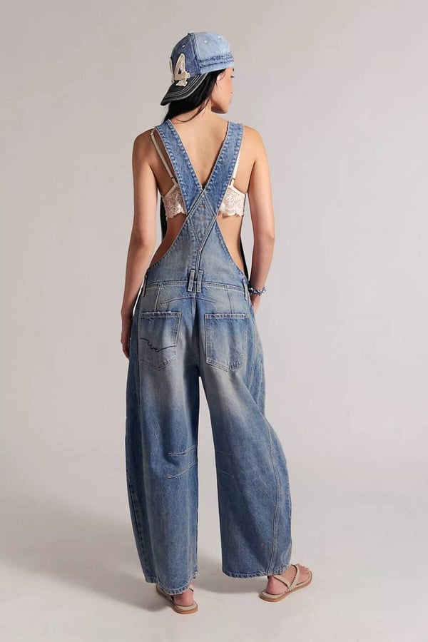 Premium Orijinal Markalı Yırtık Detaylı Bol Paça Denim Kot Tulum Jeans Salopet Kadın Tulum