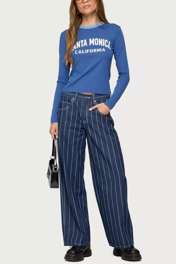 Premium Orijinal Markalı Yüksek Bel Çizgili Geniş Paça Denim Jeans Pantolon