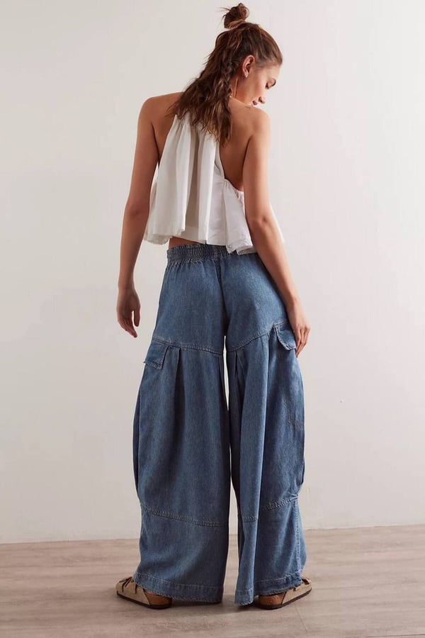 Premium Orijinal Markalı Yüksek Bel Kargo Cepli Bol Paça Denim Jeans Pantolon