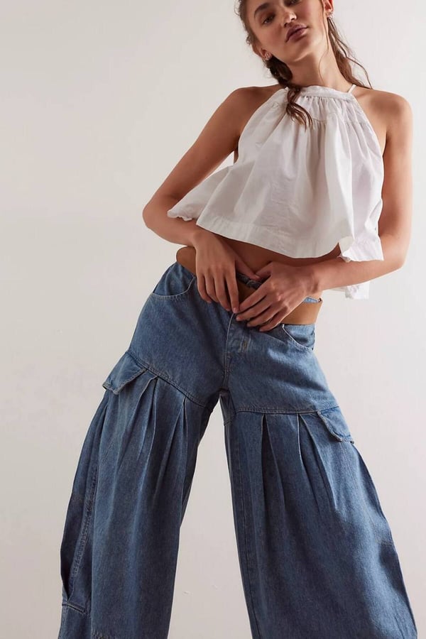 Premium Orijinal Markalı Yüksek Bel Kargo Cepli Bol Paça Denim Jeans Pantolon