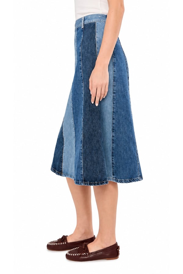 Premium Orijinal Markalı Yüksek Bel Parçalı Denim Midi Kot Etek