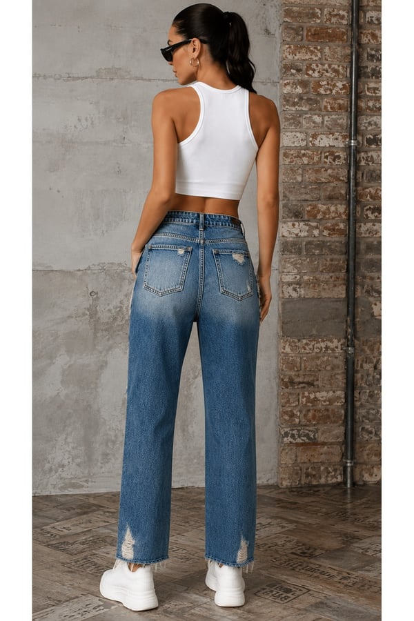 Premium Orijinal Markalı Yüksek Bel Yırtık Detaylı Wide Leg Denim Jeans Pantolon