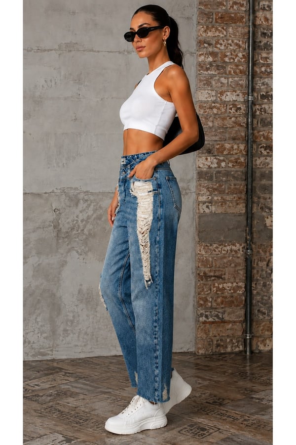 Premium Orijinal Markalı Yüksek Bel Yırtık Detaylı Wide Leg Denim Jeans Pantolon