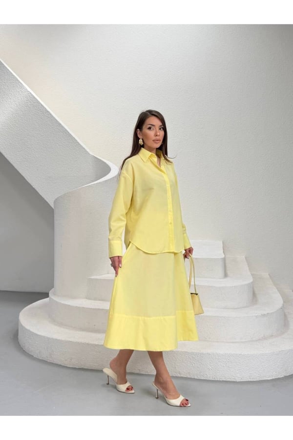 Premium Poplin Kumaş Gömlek Yaka Belden Büzgülü Midi Elbise