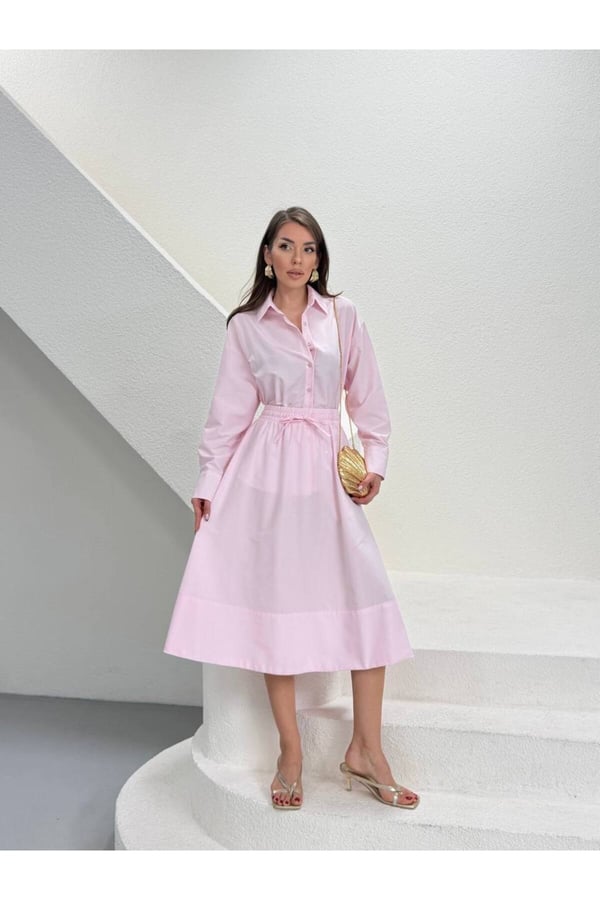 Premium Poplin Kumaş Gömlek Yaka Belden Büzgülü Midi Elbise