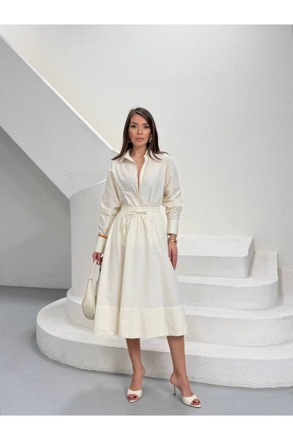 Premium Poplin Kumaş Gömlek Yaka Belden Büzgülü Midi Elbise