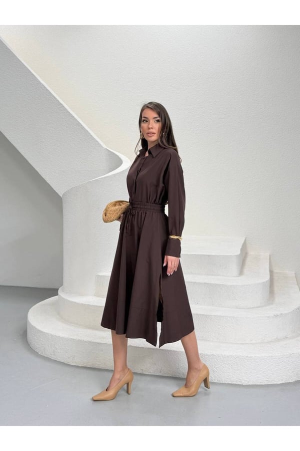 Premium Poplin Kumaş Gömlek Yaka Belden Büzgülü Midi Elbise