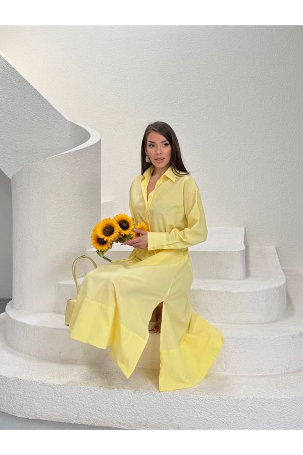 Premium Poplin Kumaş Gömlek Yaka Belden Büzgülü Midi Elbise