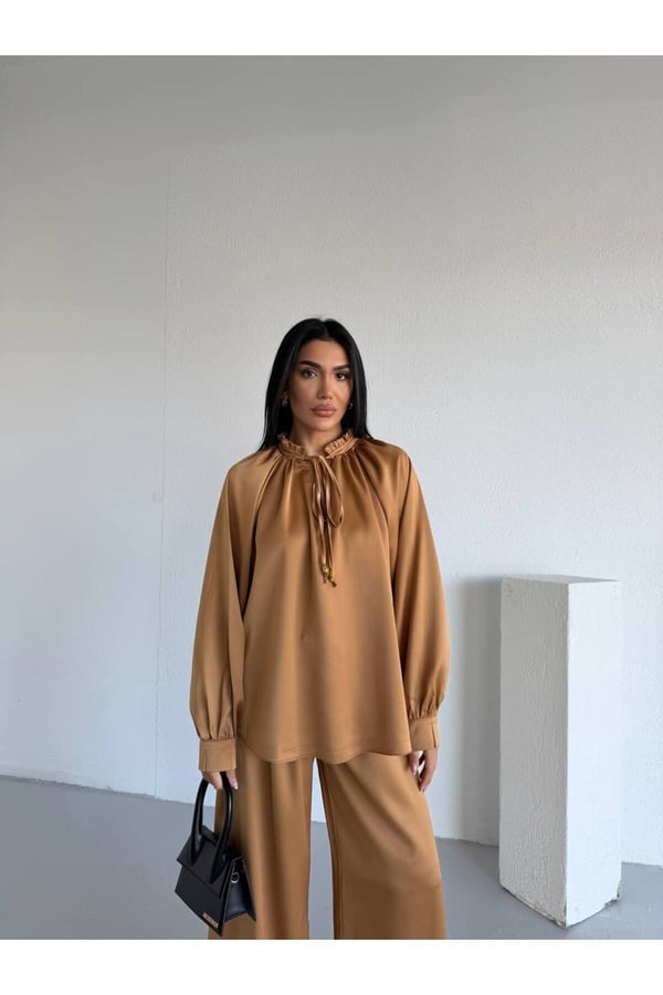 Premium Saten İpek Kumaş İkili Takım Bağcıklı Bluz Bol Paça Pantolon Takım