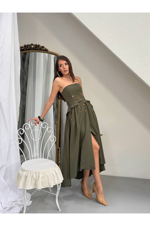 Premium Straplez Kemer Detaylı Midi Boy Kloş Elbise Şık Kadın Tasarım
