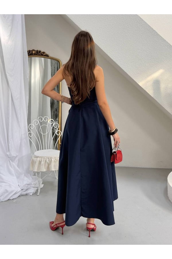 Premium Straplez Kemer Detaylı Midi Boy Kloş Elbise Şık Kadın Tasarım