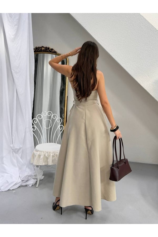 Premium Straplez Kemer Detaylı Midi Boy Kloş Elbise Şık Kadın Tasarım