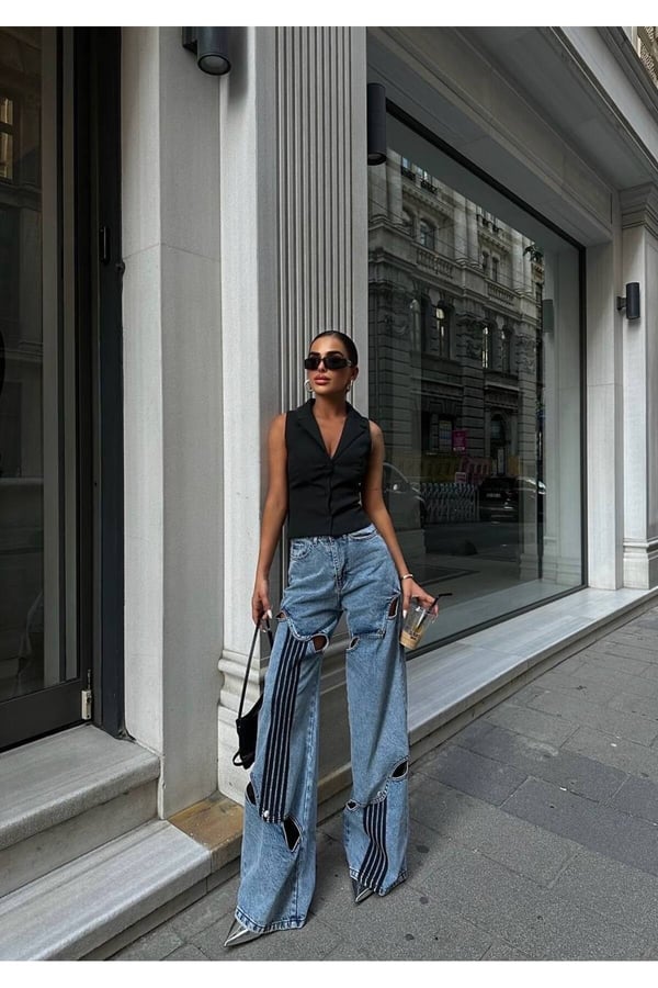 Premium Tasarım Yüksek Bel Bol Paça Kesik Detaylı Denim Jean Pantolon Wide Leg