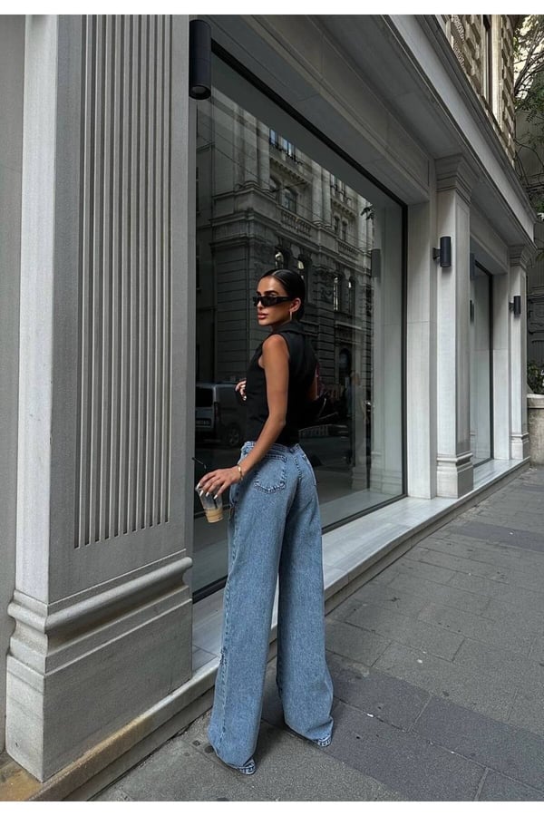 Premium Tasarım Yüksek Bel Bol Paça Kesik Detaylı Denim Jean Pantolon Wide Leg
