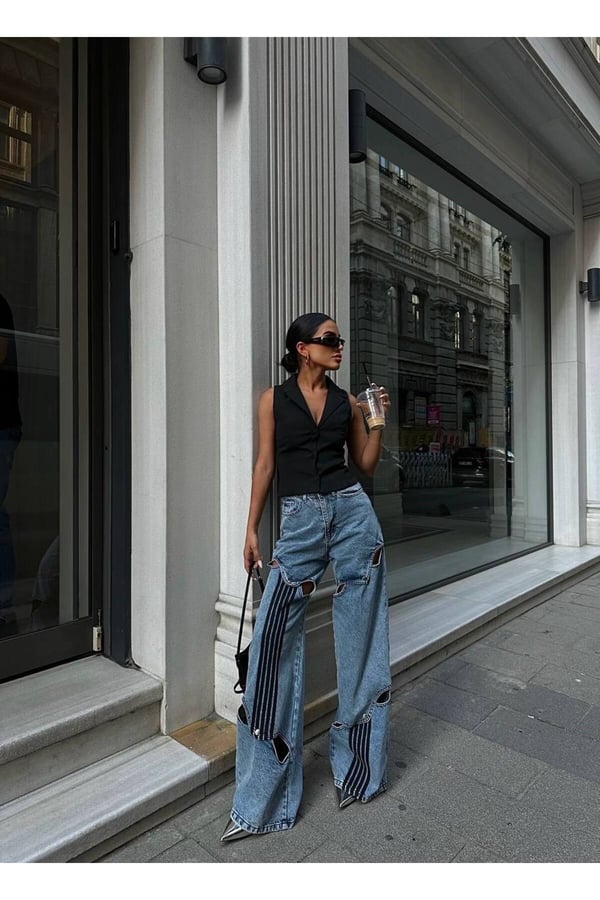 Premium Tasarım Yüksek Bel Bol Paça Kesik Detaylı Denim Jean Pantolon Wide Leg