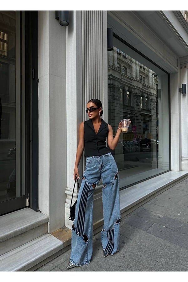 Premium Tasarım Yüksek Bel Bol Paça Kesik Detaylı Denim Jean Pantolon Wide Leg