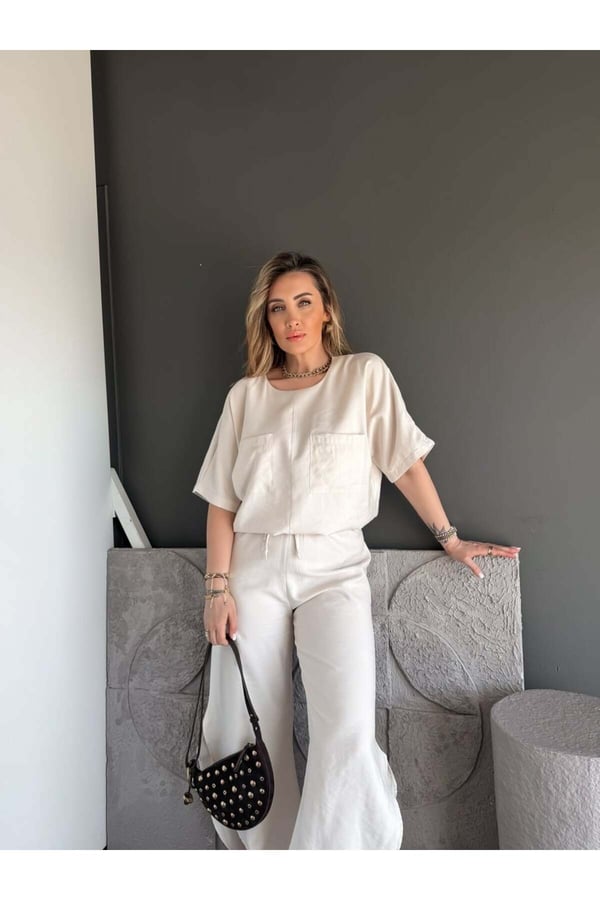 Premium Yırtmaç Detaylı Beli Büzgülü Pantolon Bluz Takım