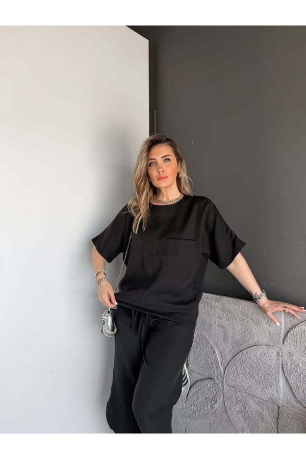 Premium Yırtmaç Detaylı Beli Büzgülü Pantolon Bluz Takım