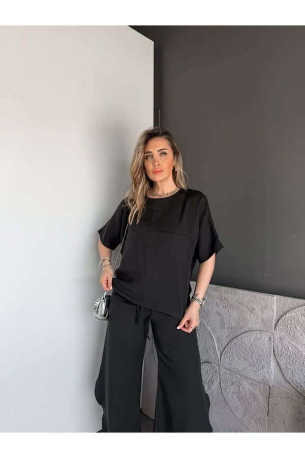 Premium Yırtmaç Detaylı Beli Büzgülü Pantolon Bluz Takım