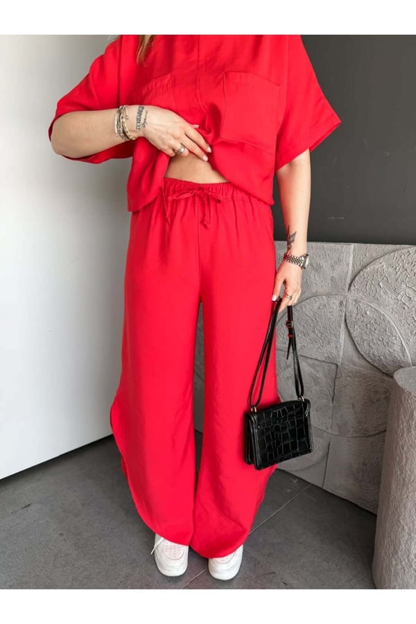 Premium Yırtmaç Detaylı Beli Büzgülü Pantolon Bluz Takım