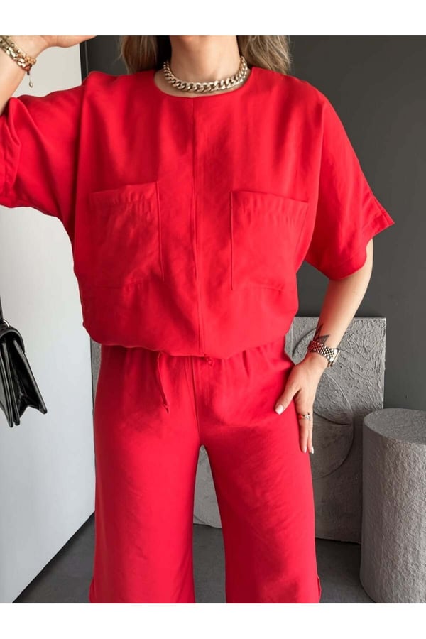 Premium Yırtmaç Detaylı Beli Büzgülü Pantolon Bluz Takım