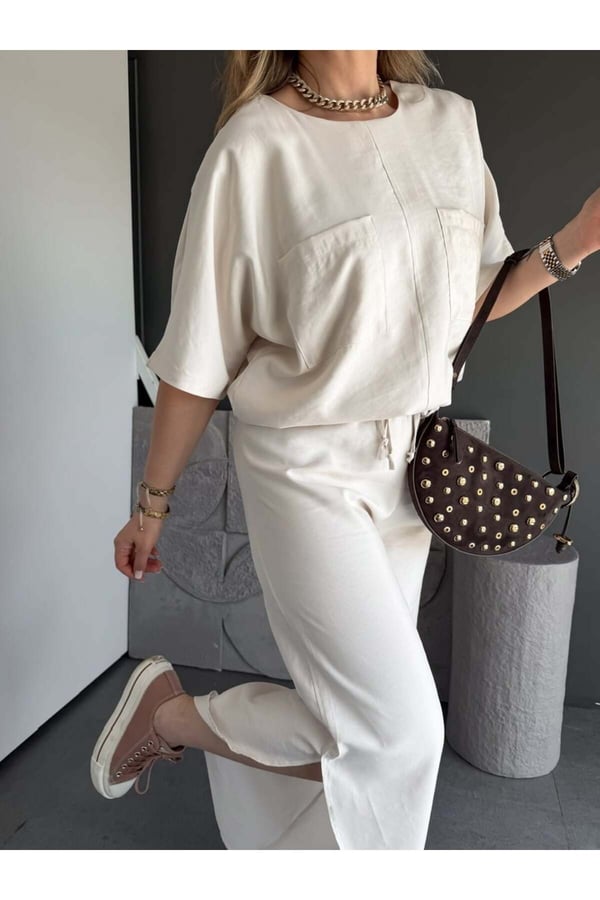 Premium Yırtmaç Detaylı Beli Büzgülü Pantolon Bluz Takım