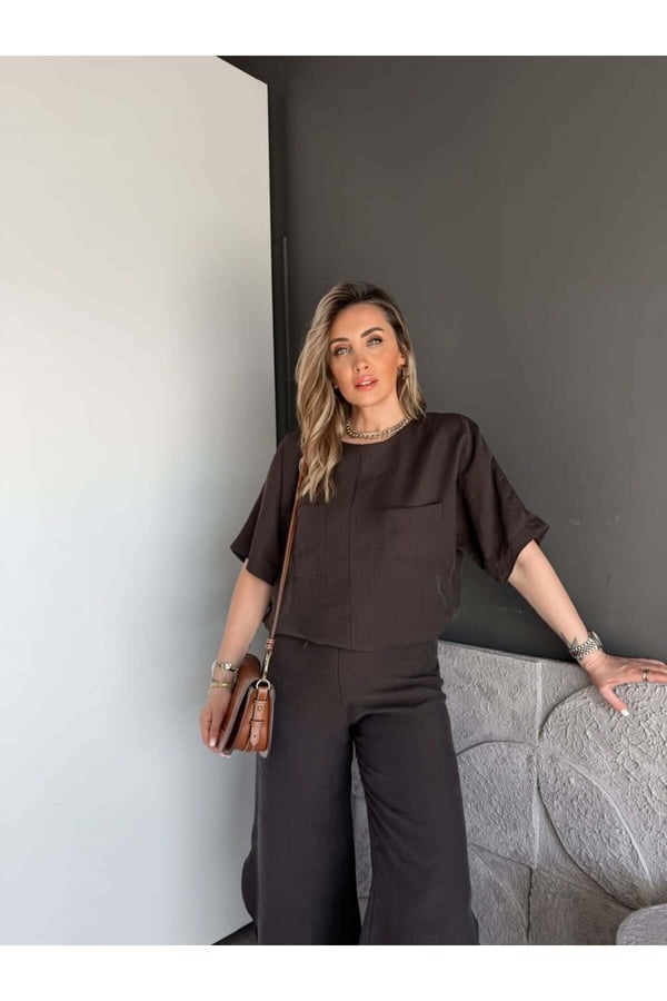 Premium Yırtmaç Detaylı Beli Büzgülü Pantolon Bluz Takım