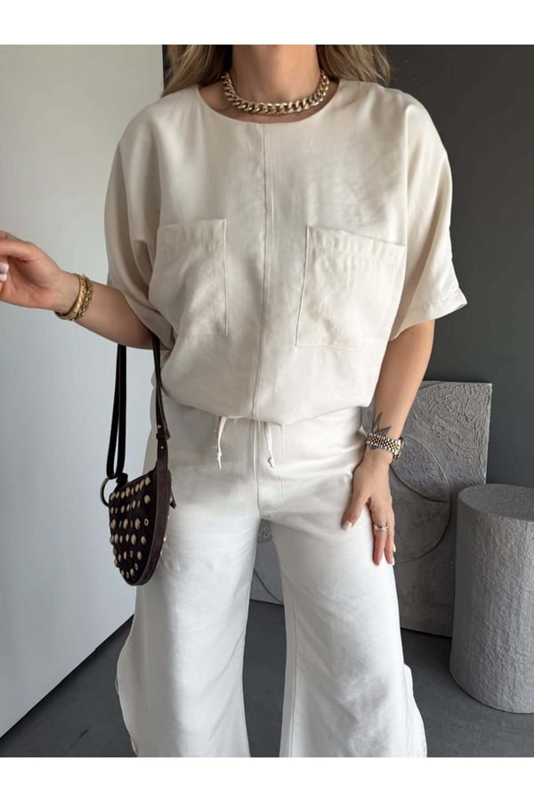 Premium Yırtmaç Detaylı Beli Büzgülü Pantolon Bluz Takım
