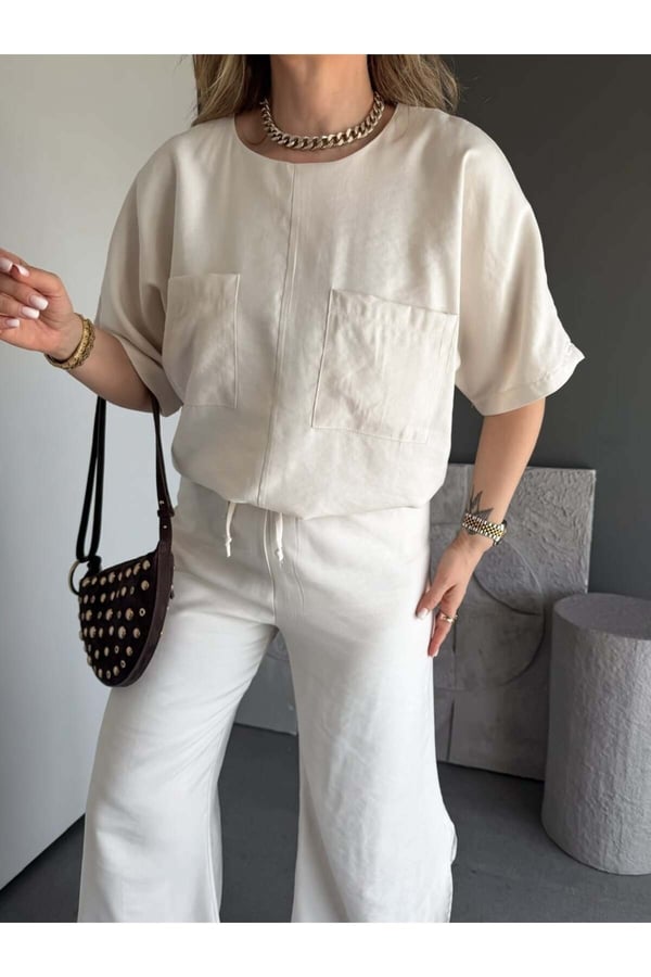 Premium Yırtmaç Detaylı Beli Büzgülü Pantolon Bluz Takım