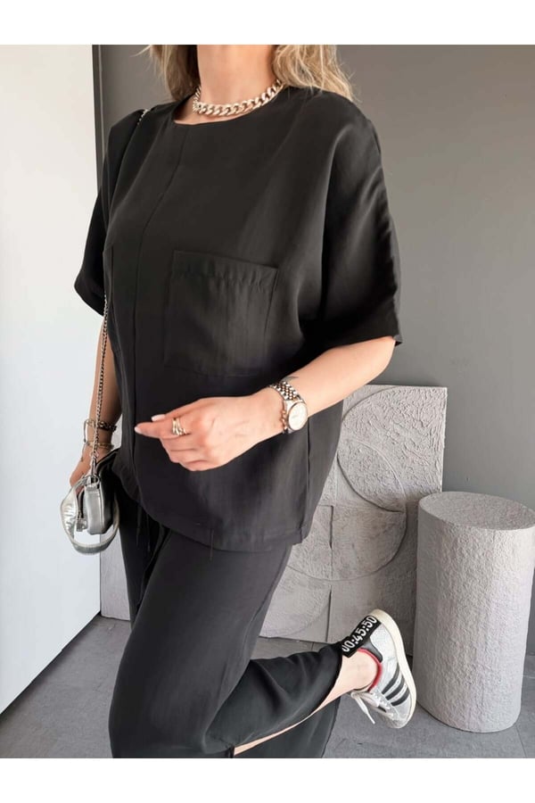 Premium Yırtmaç Detaylı Beli Büzgülü Pantolon Bluz Takım