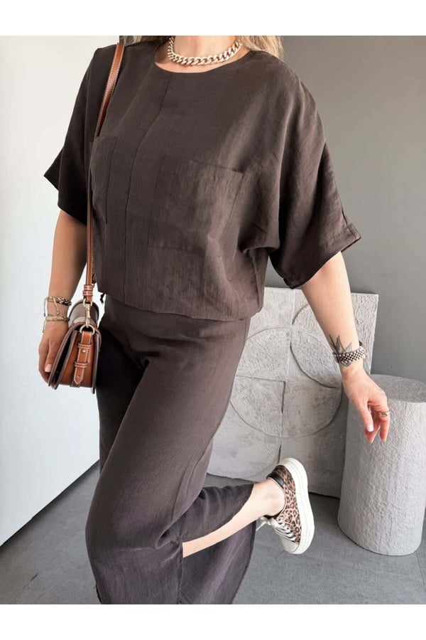 Premium Yırtmaç Detaylı Beli Büzgülü Pantolon Bluz Takım