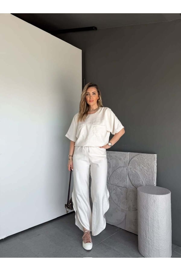 Premium Yırtmaç Detaylı Beli Büzgülü Pantolon Bluz Takım