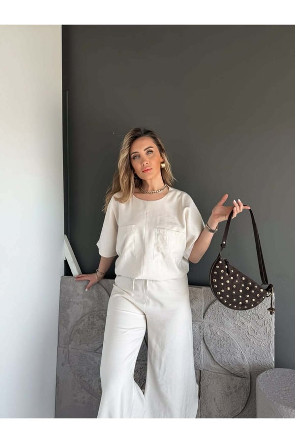 Premium Yırtmaç Detaylı Beli Büzgülü Pantolon Bluz Takım
