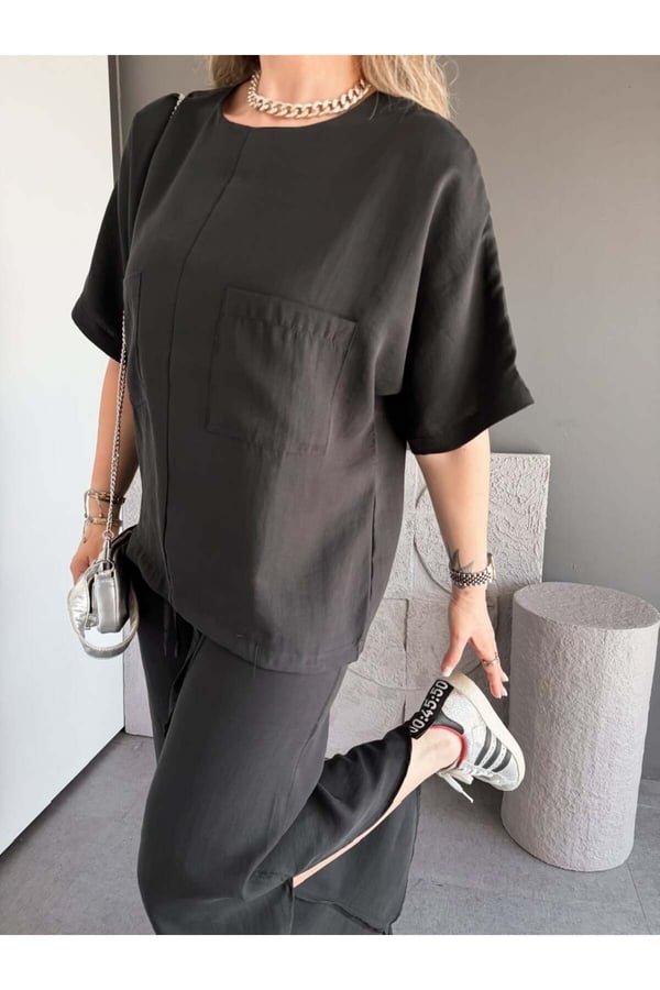 Premium Yırtmaç Detaylı Beli Büzgülü Pantolon Bluz Takım