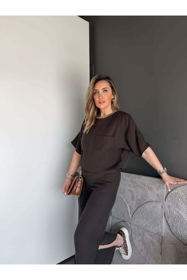 Premium Yırtmaç Detaylı Beli Büzgülü Pantolon Bluz Takım