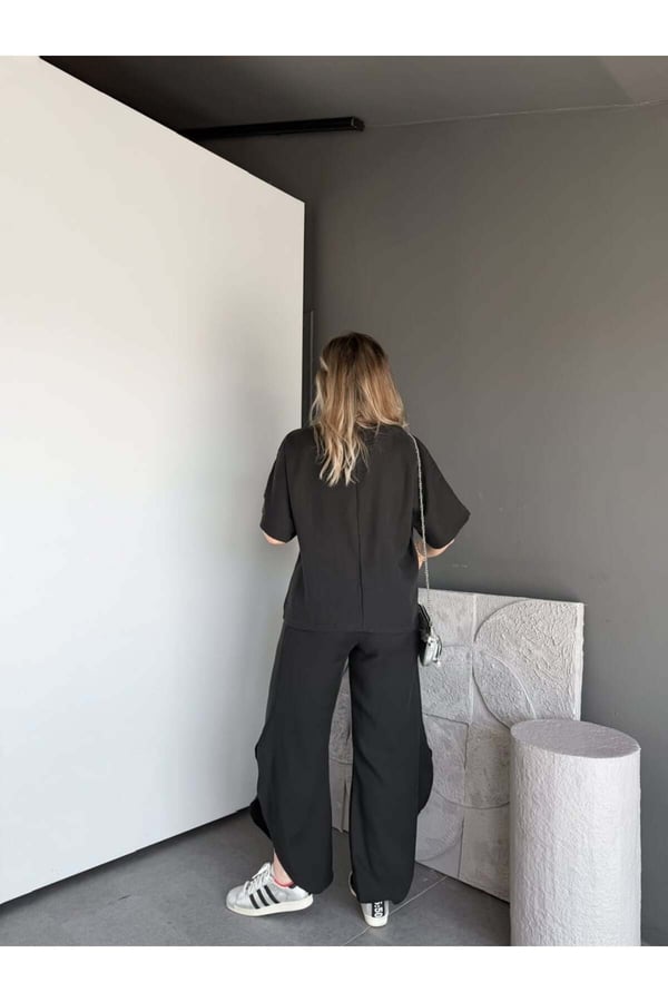 Premium Yırtmaç Detaylı Beli Büzgülü Pantolon Bluz Takım