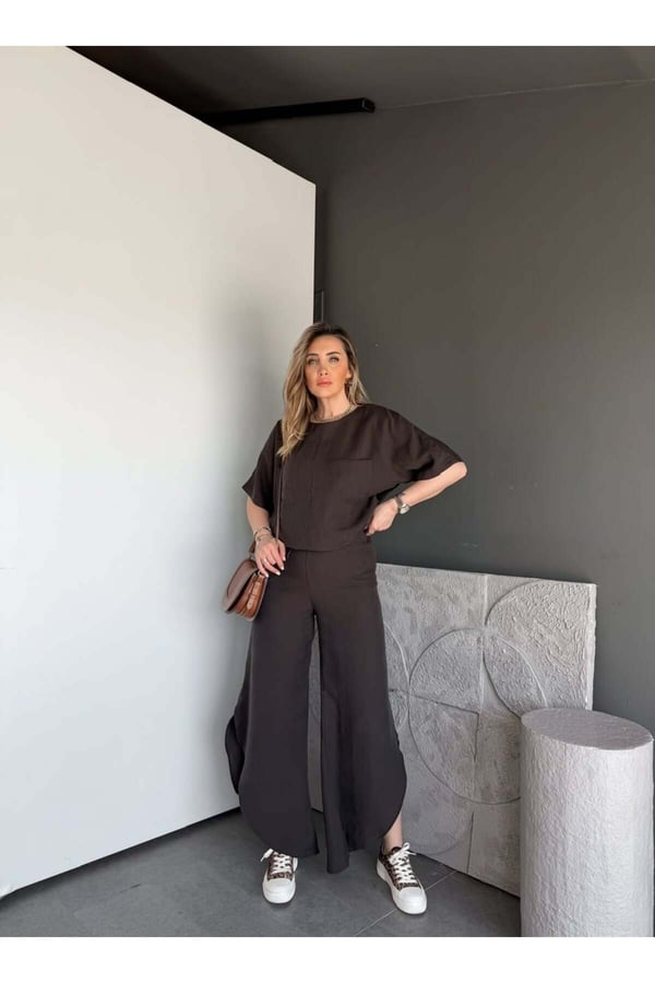 Premium Yırtmaç Detaylı Beli Büzgülü Pantolon Bluz Takım