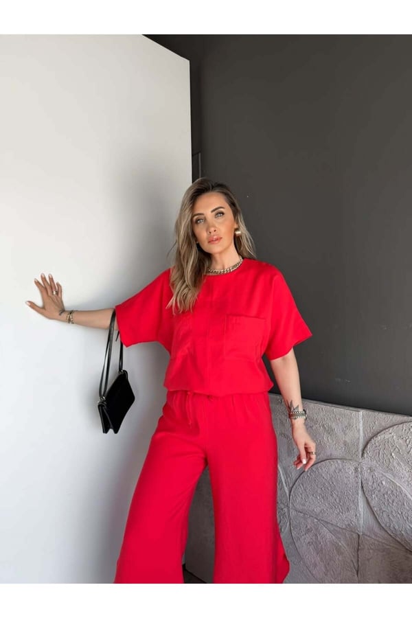 Premium Yırtmaç Detaylı Beli Büzgülü Pantolon Bluz Takım