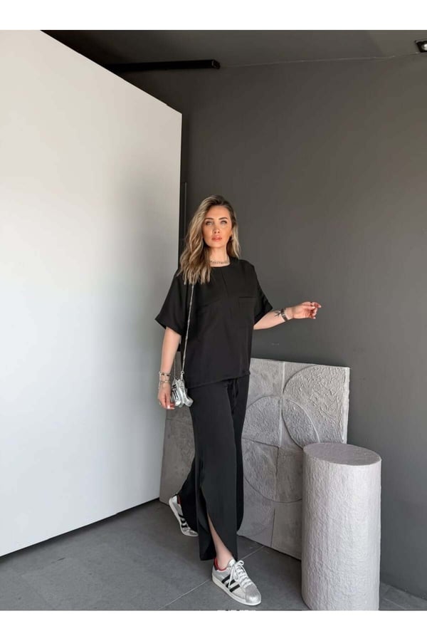 Premium Yırtmaç Detaylı Beli Büzgülü Pantolon Bluz Takım