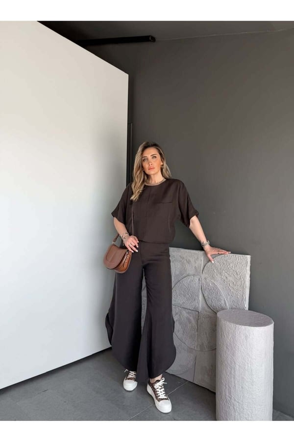 Premium Yırtmaç Detaylı Beli Büzgülü Pantolon Bluz Takım