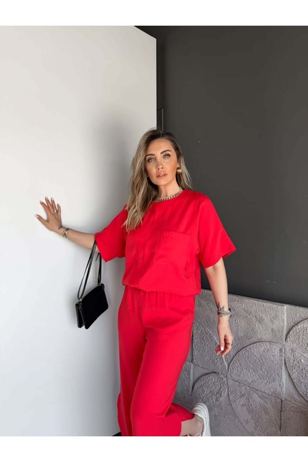 Premium Yırtmaç Detaylı Beli Büzgülü Pantolon Bluz Takım