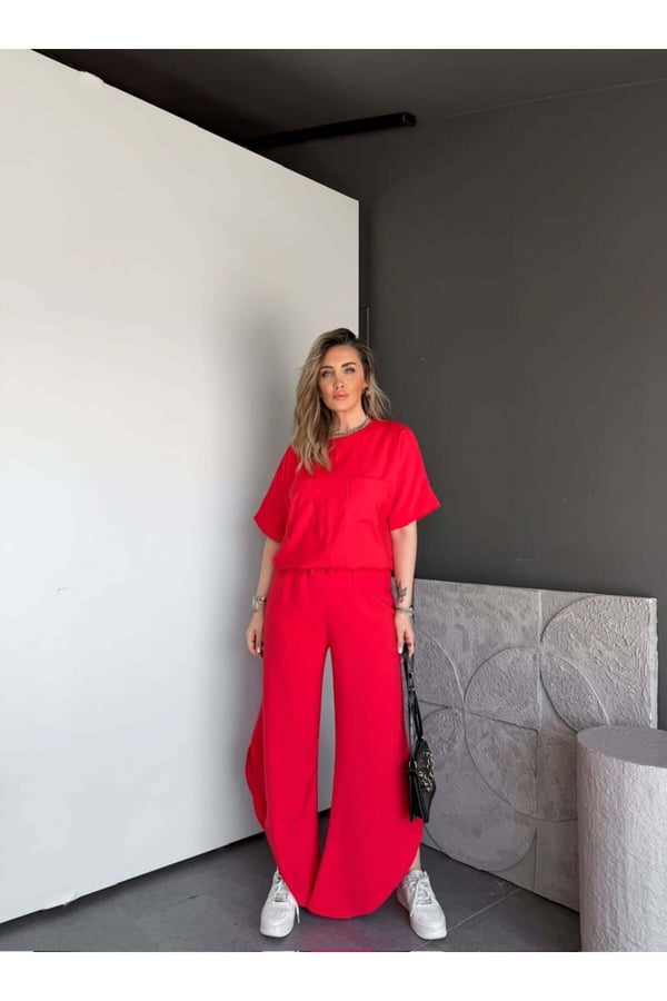 Premium Yırtmaç Detaylı Beli Büzgülü Pantolon Bluz Takım