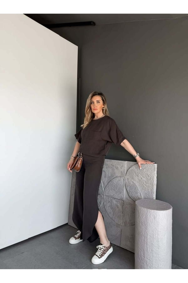 Premium Yırtmaç Detaylı Beli Büzgülü Pantolon Bluz Takım