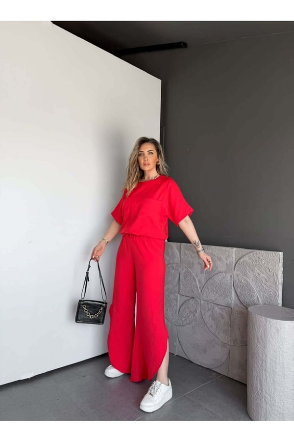 Premium Yırtmaç Detaylı Beli Büzgülü Pantolon Bluz Takım