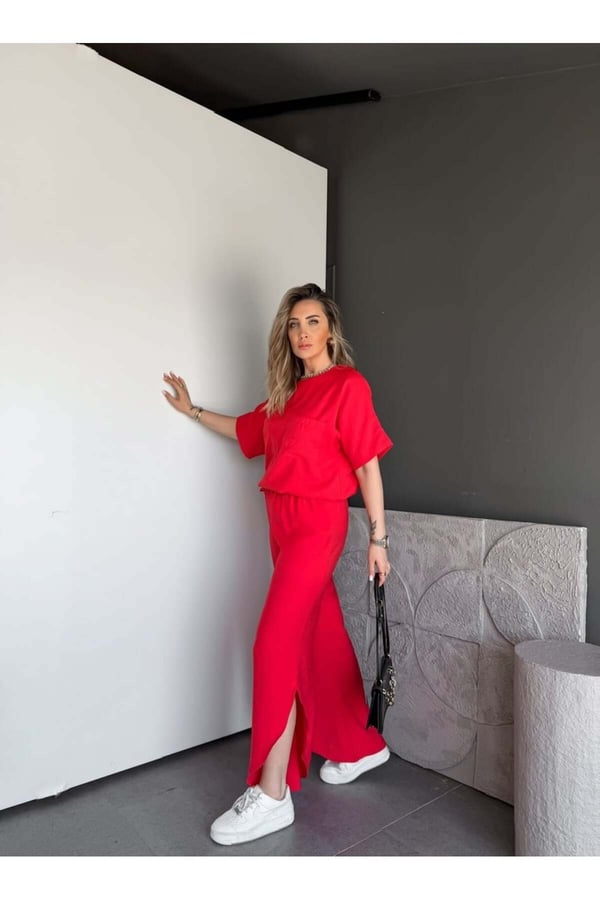 Premium Yırtmaç Detaylı Beli Büzgülü Pantolon Bluz Takım