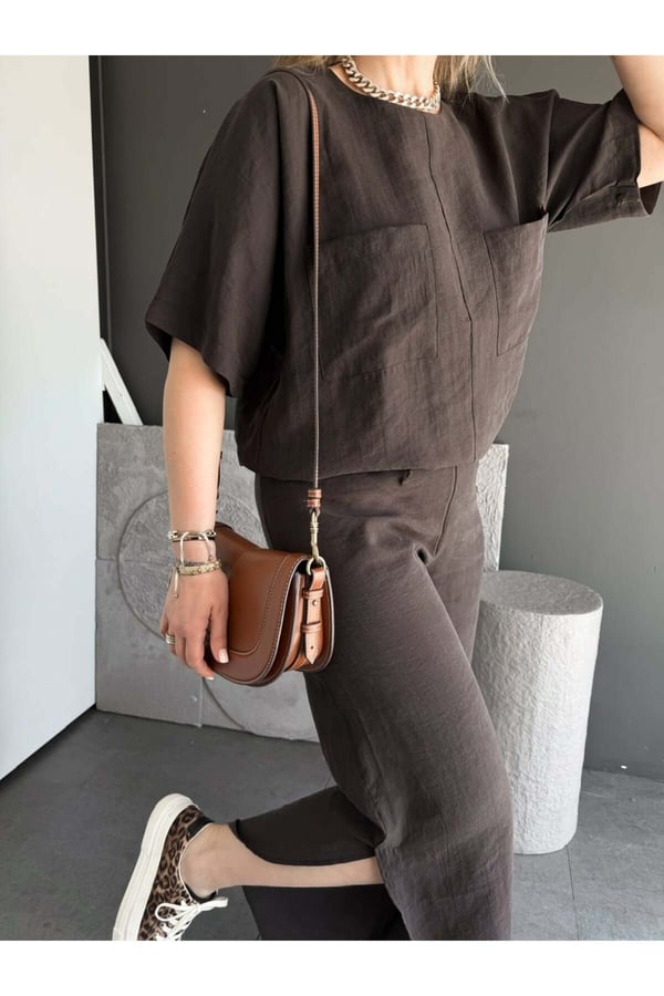 Premium Yırtmaç Detaylı Beli Büzgülü Pantolon Bluz Takım