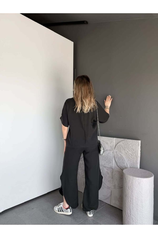 Premium Yırtmaç Detaylı Beli Büzgülü Pantolon Bluz Takım