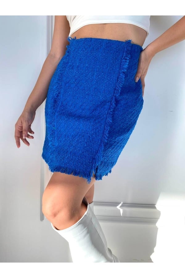 Püsküllü Astarlı Kaşe Saks Mini Etek