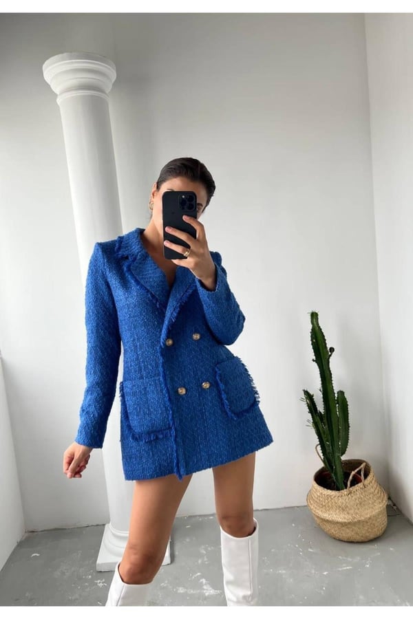 Püsküllü Astarlı Kaşe Saks Mini Etek