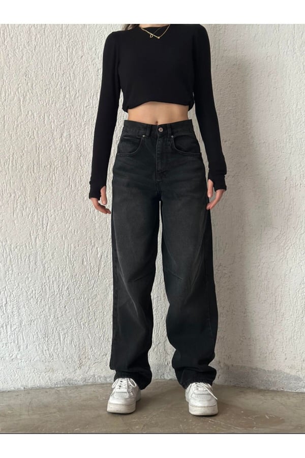 Sim Siyah Toka Detaylı Bol Kesim Geniş Paça Rahat Baggy Jean Kot Salaş Kadın Pantolon Balon